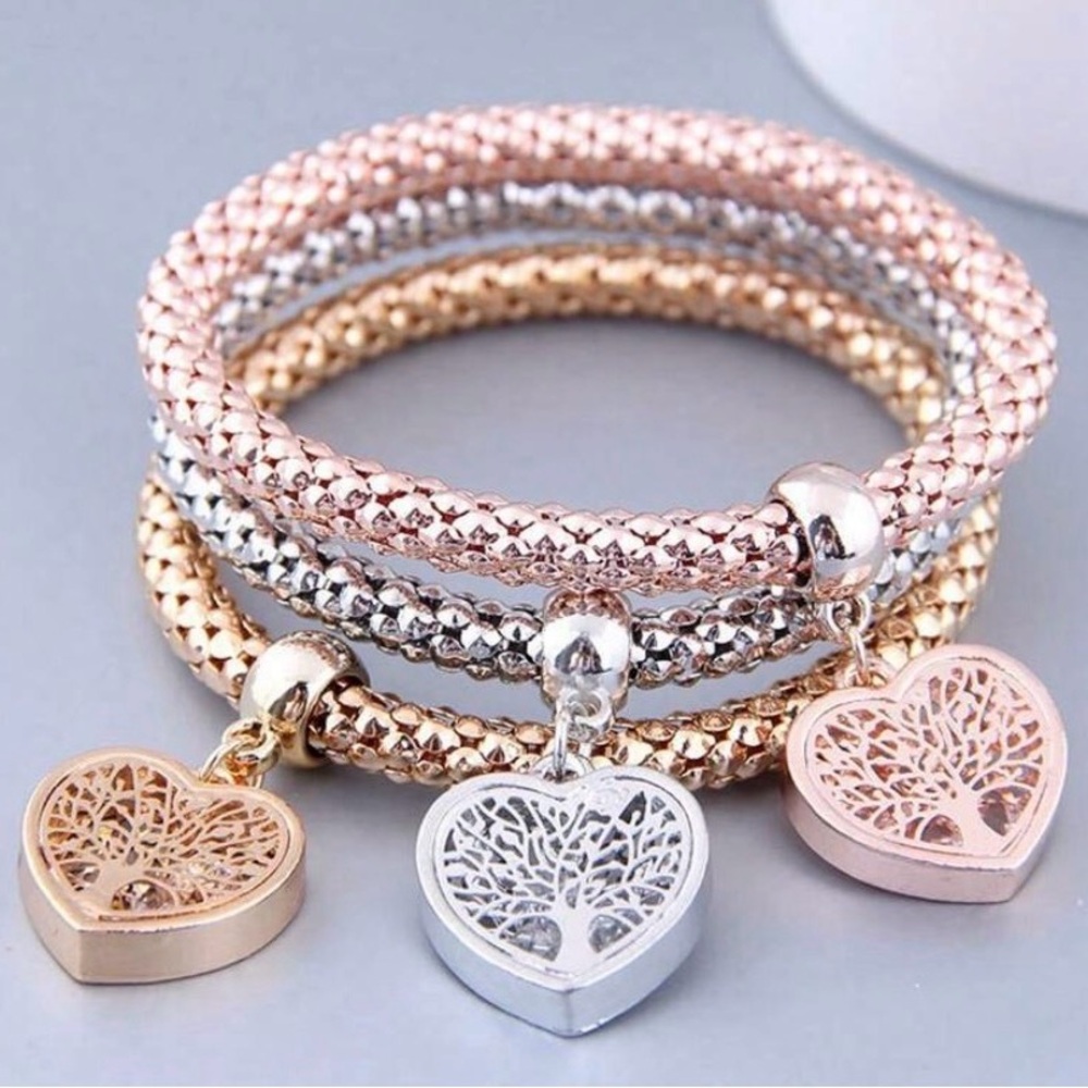 Elegant Rose Gold, Silver, and Gold Tree Charm Bracelets